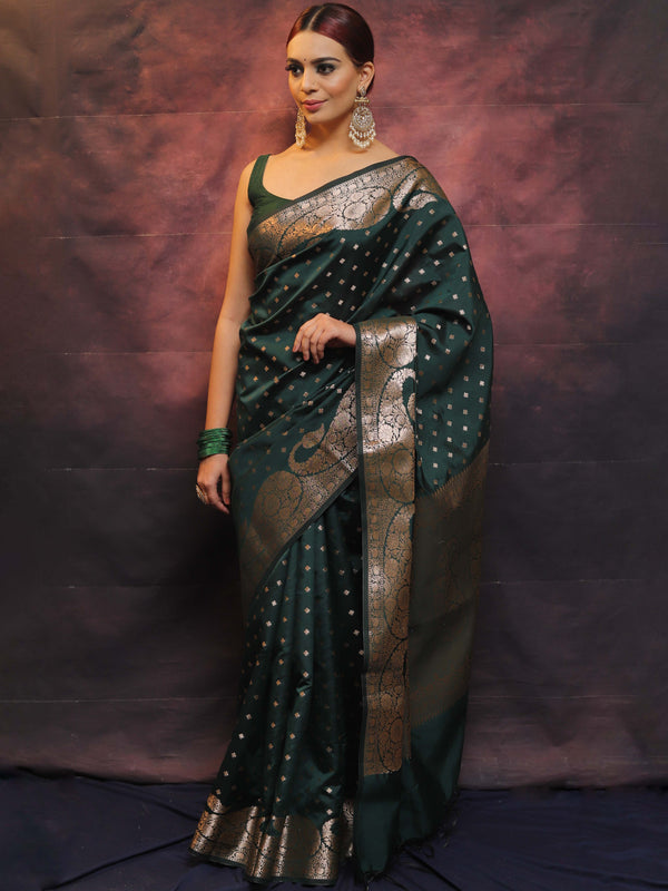 Banarasee Handwoven Semi Silk Saree With Zari Work-Deep Green