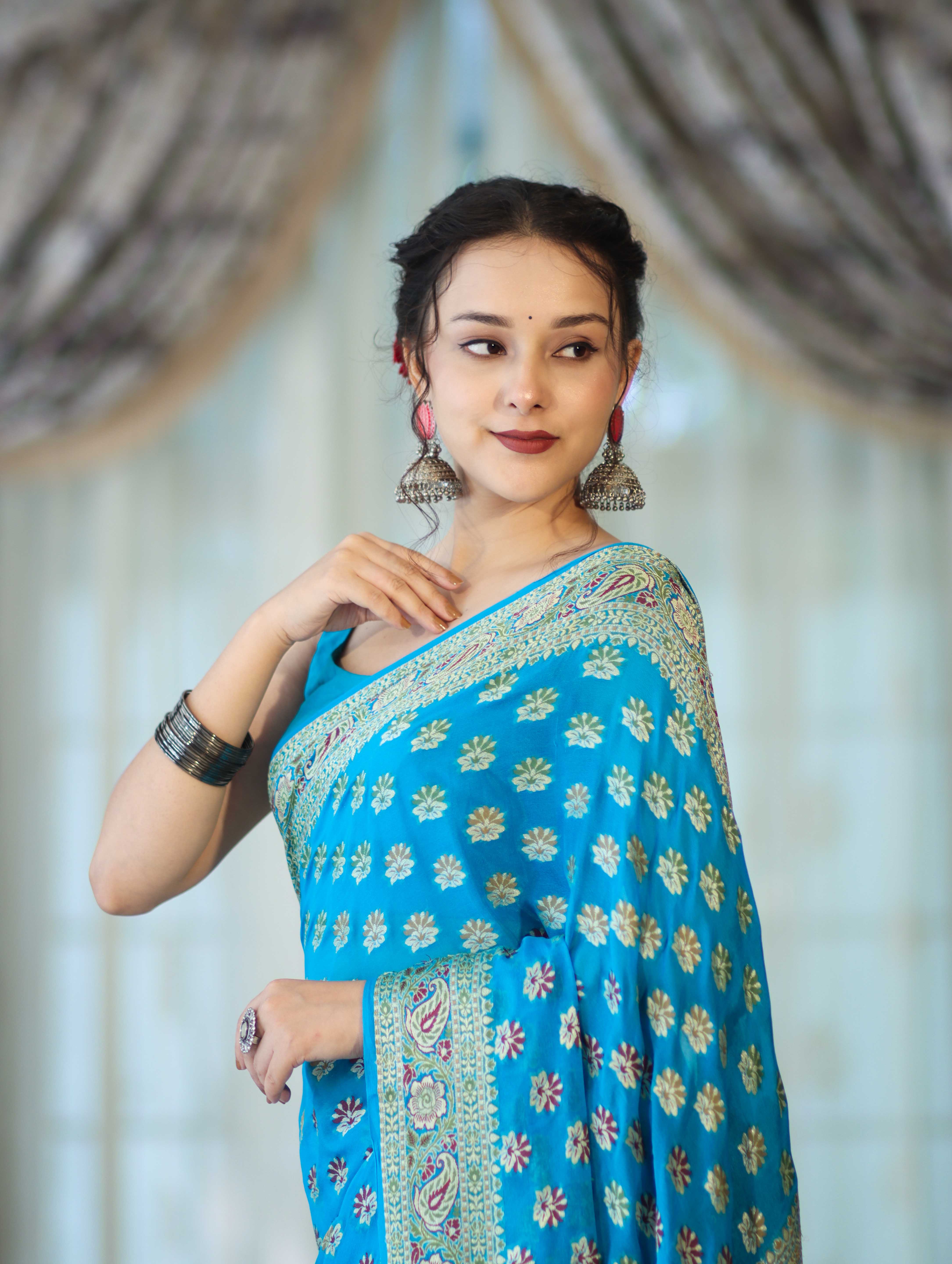 Banarasee Handloom Pure Chiffon Saree With Resham Work-Sky Blue