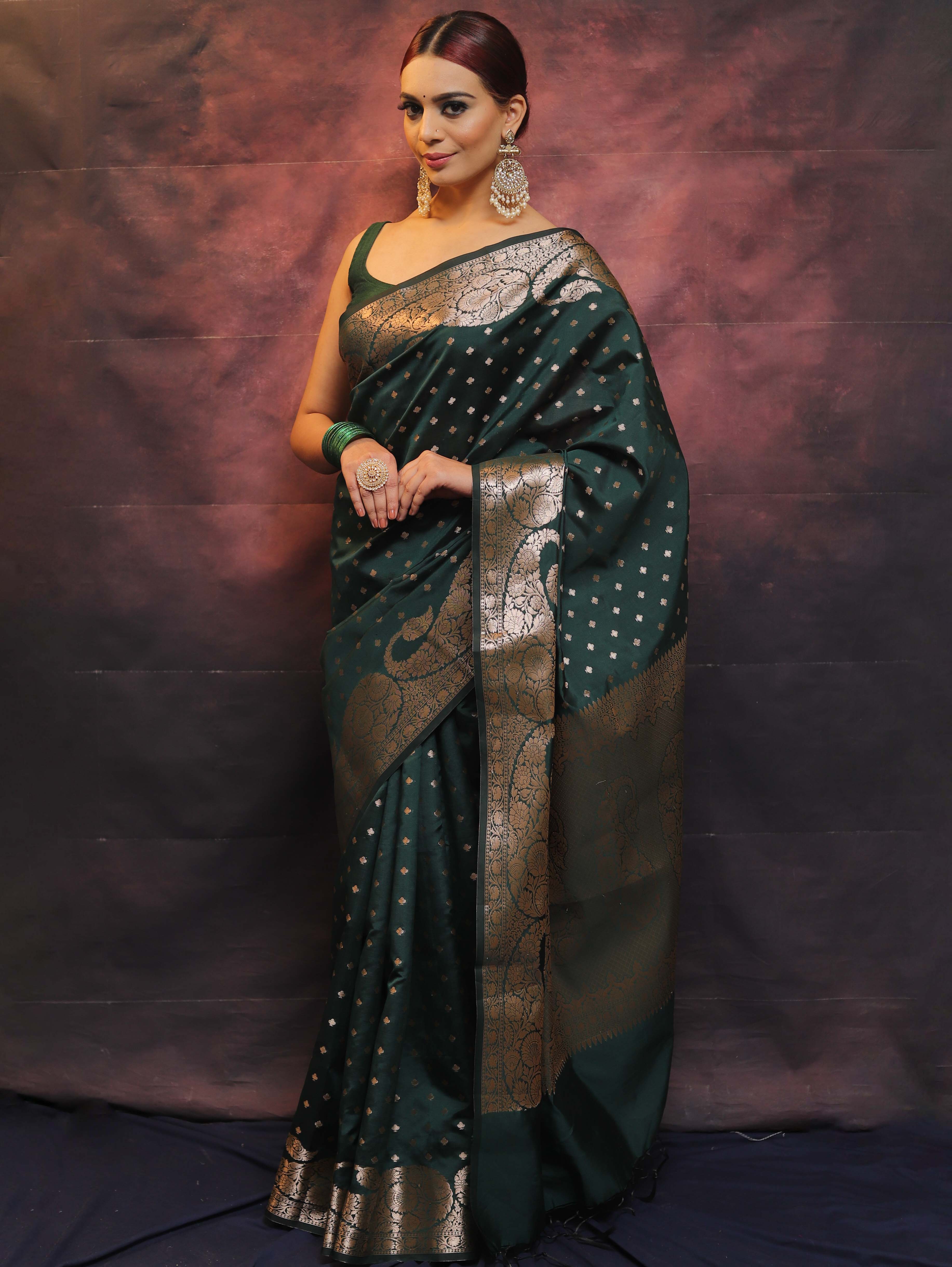 Banarasee Handwoven Semi Silk Saree With Zari Work-Deep Green