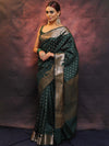 Banarasee Handwoven Semi Silk Saree With Zari Work-Deep Green