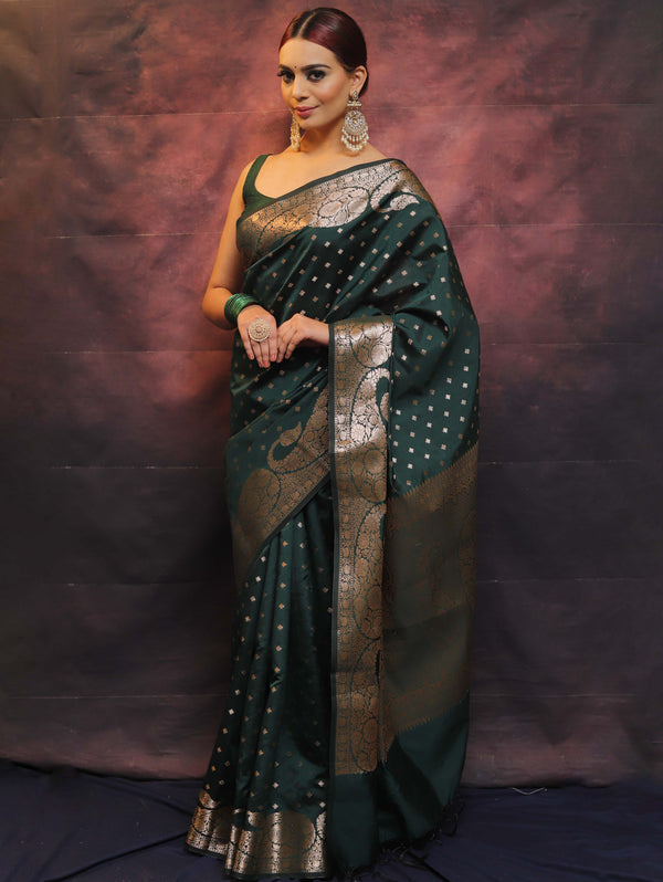 Banarasee Handwoven Semi Silk Saree With Zari Work-Deep Green