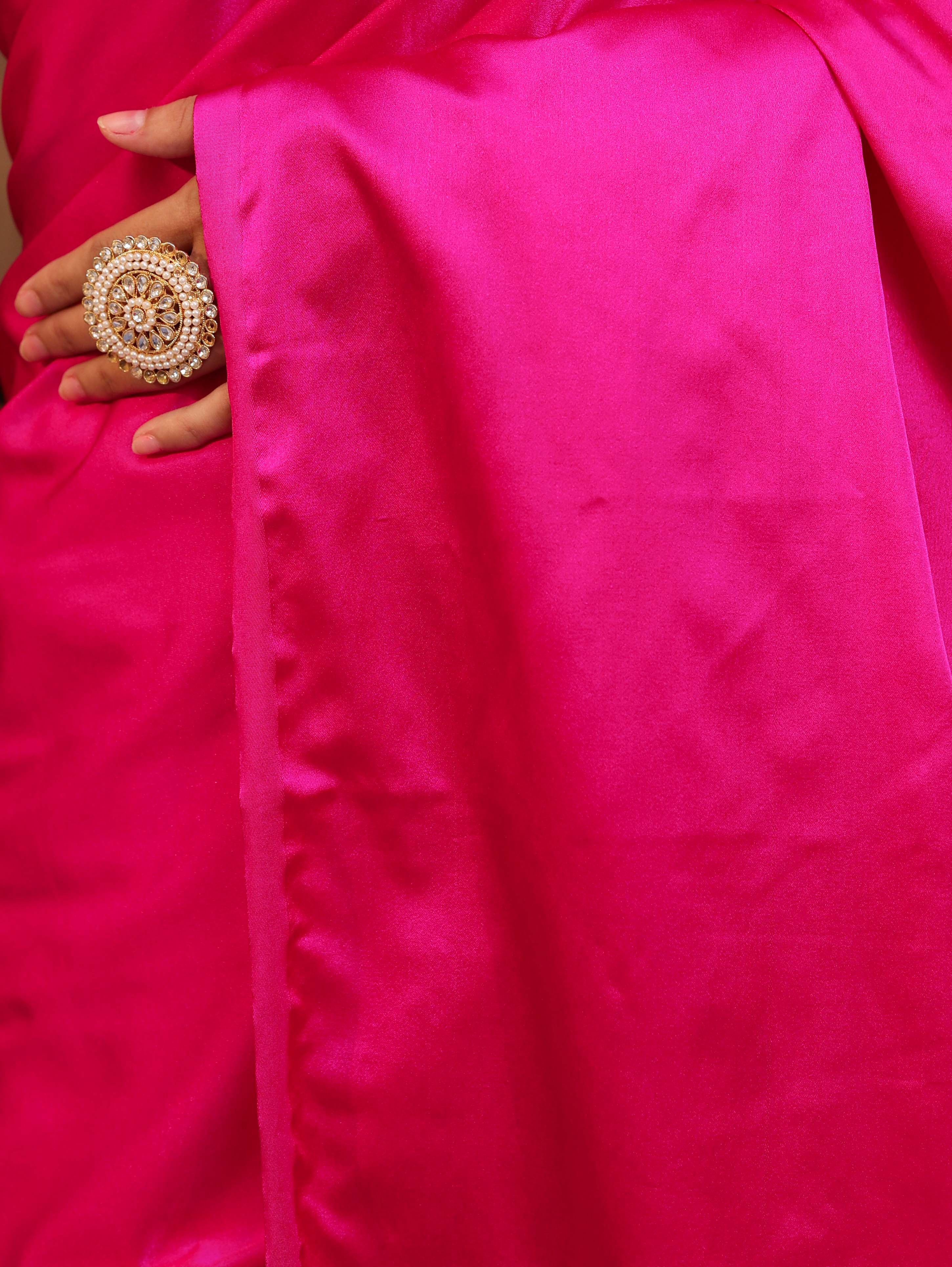 Banarasee Handloom Plain Mashru Silk Saree-Fuschia Pink