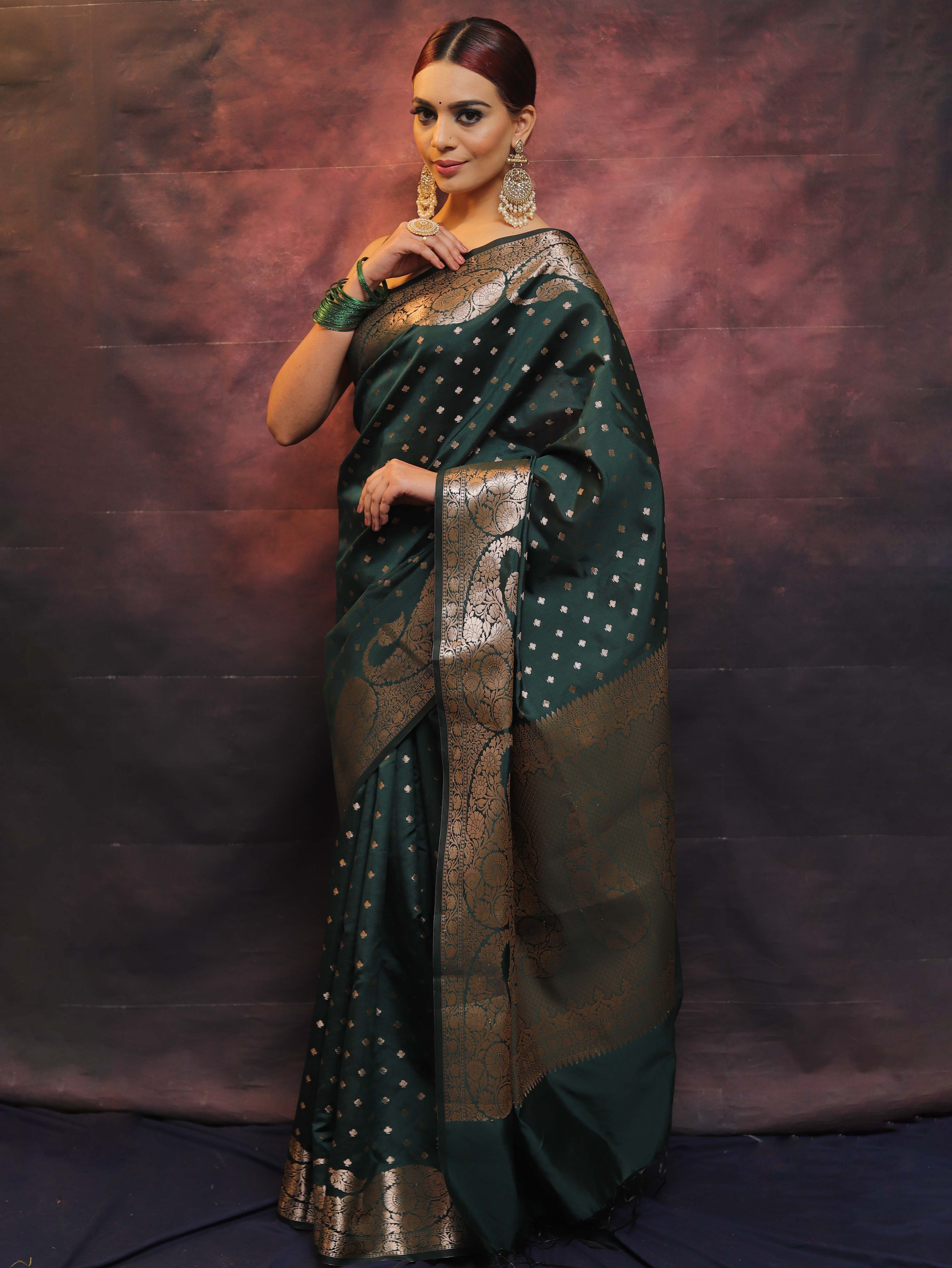 Banarasee Handwoven Semi Silk Saree With Zari Work-Deep Green