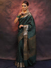 Banarasee Handwoven Semi Silk Saree With Zari Work-Deep Green