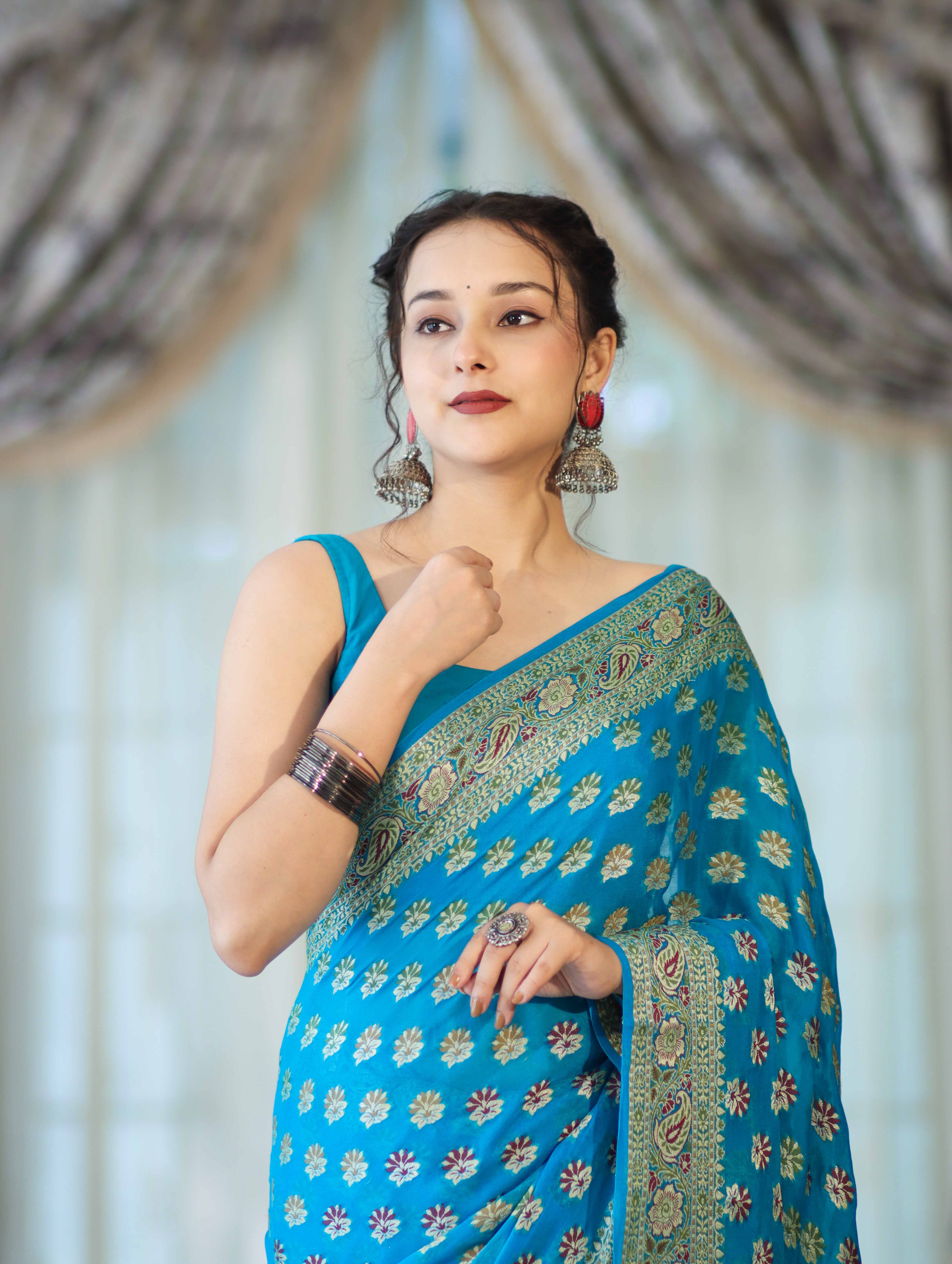 Banarasee Handloom Pure Chiffon Saree With Resham Work-Sky Blue
