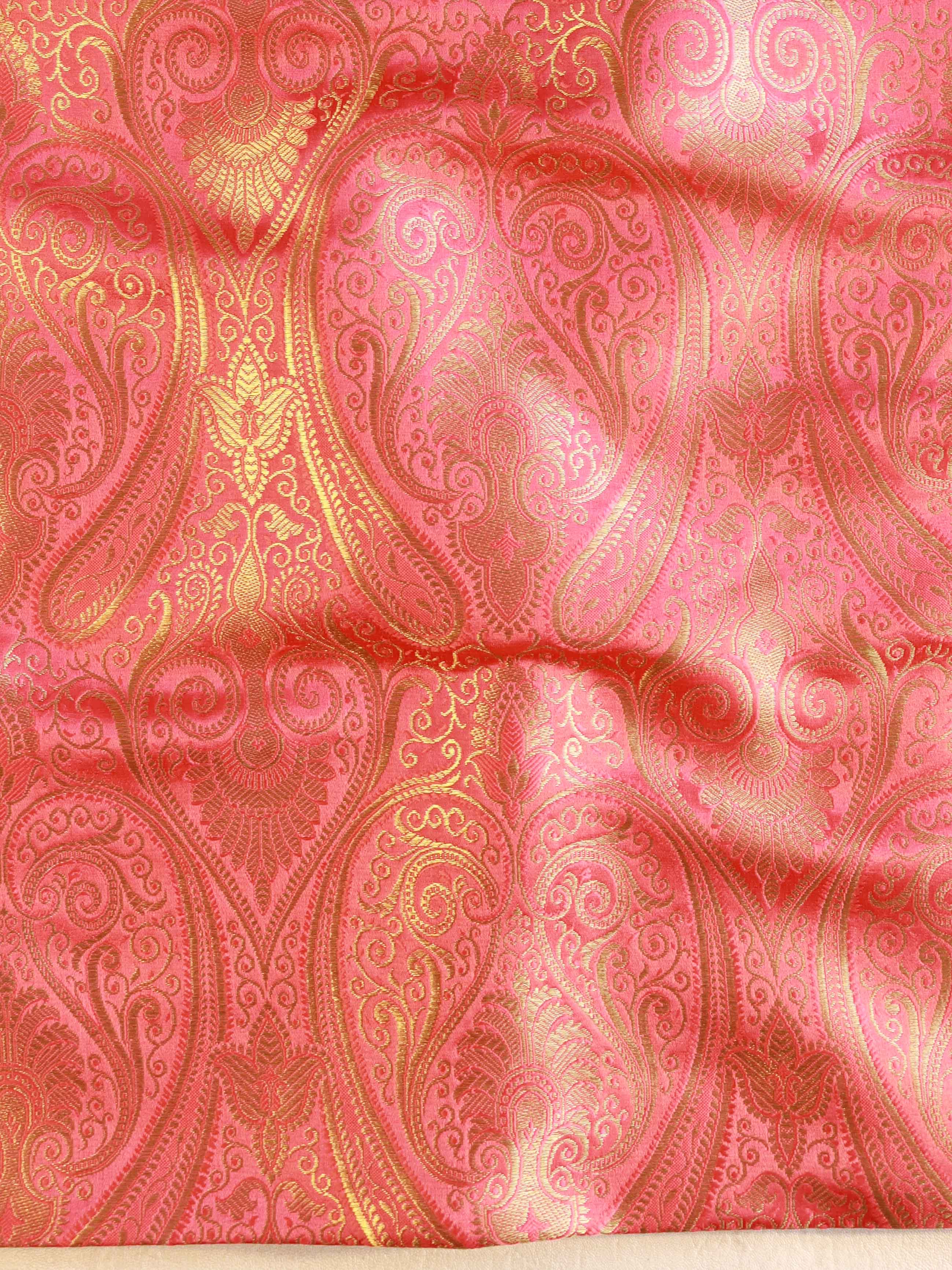 Banarasee Satin Brocade Gold Zari Jaal Design Fabric-Pink