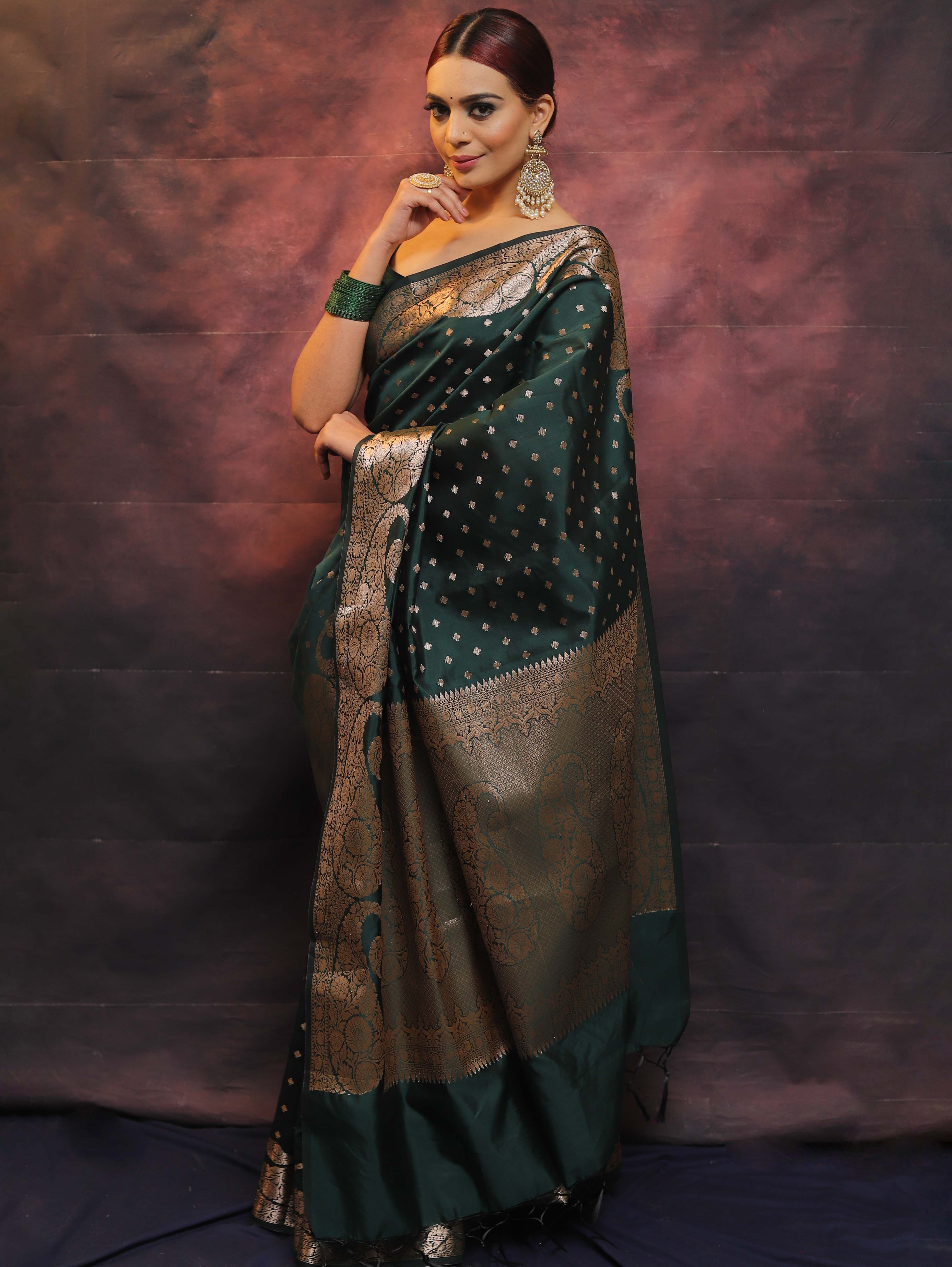 Banarasee Handwoven Semi Silk Saree With Zari Work-Deep Green