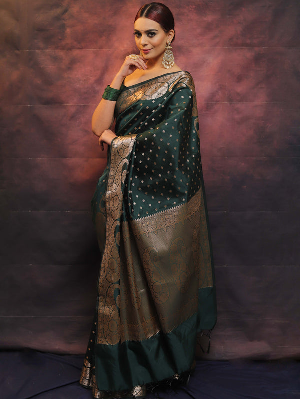 Banarasee Handwoven Semi Silk Saree With Zari Work-Deep Green
