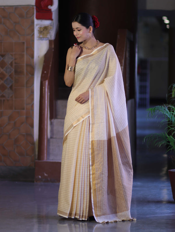 Bhagalpur Handloom Pure Linen Saree With Zari Stripe Design-Cream
