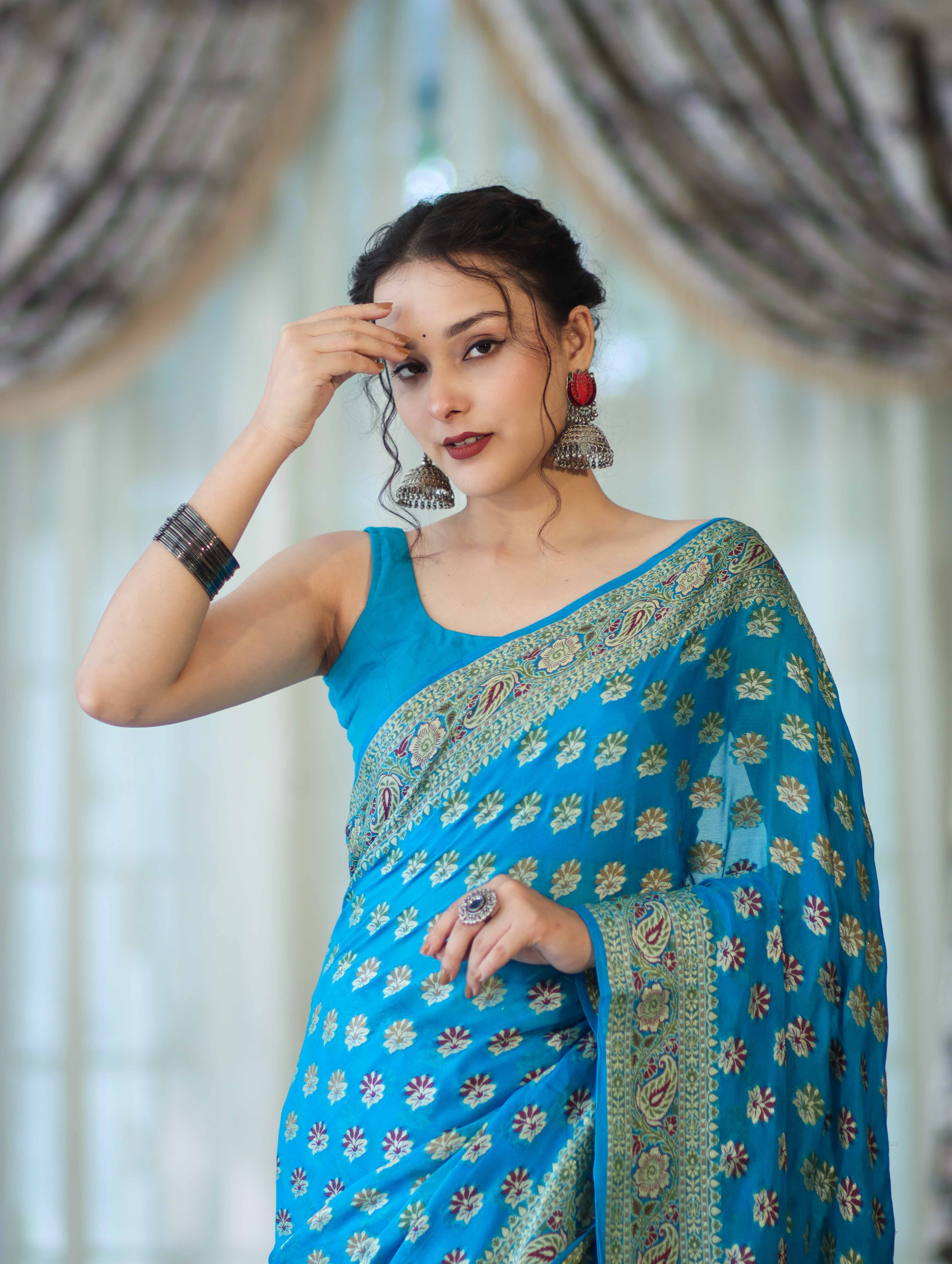 Banarasee Handloom Pure Chiffon Saree With Resham Work-Sky Blue