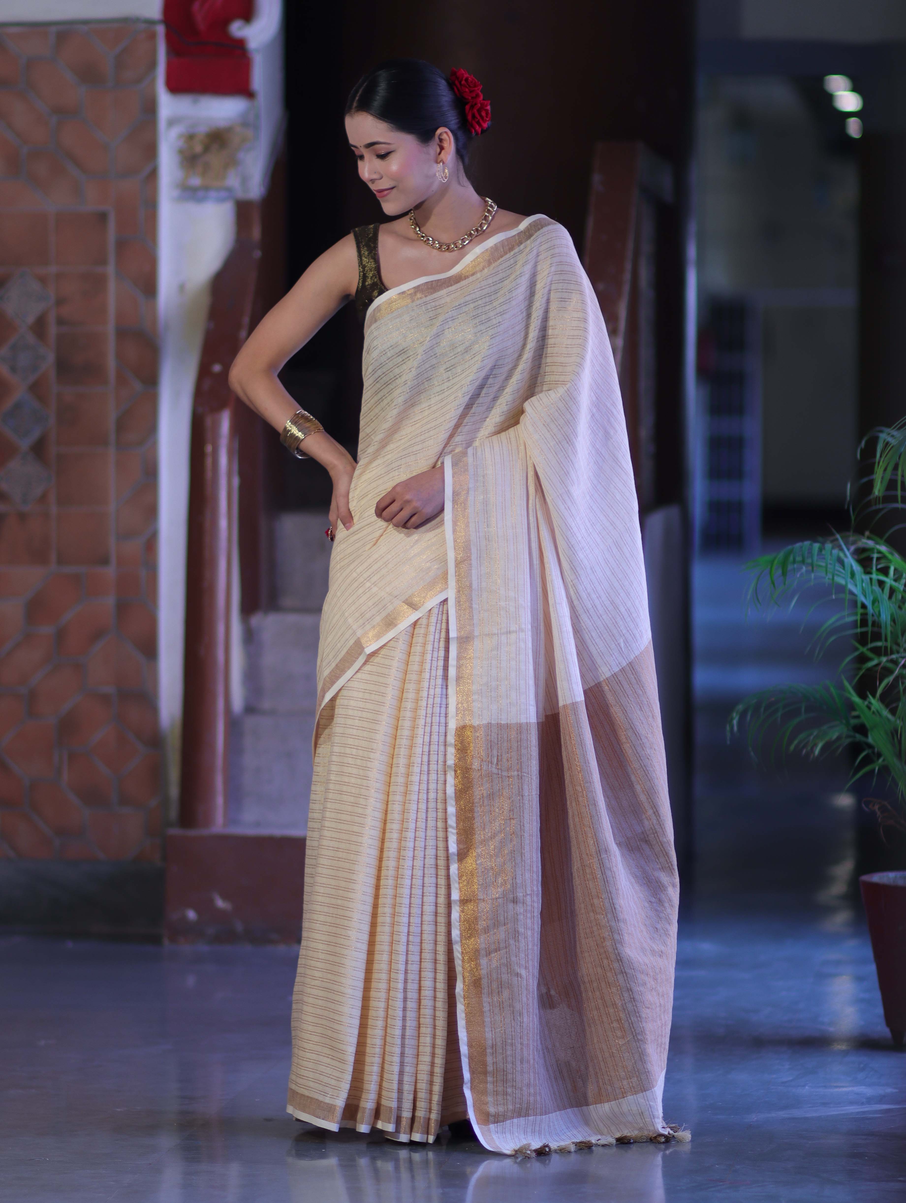 Bhagalpur Handloom Pure Linen Saree With Zari Stripe Design-Cream