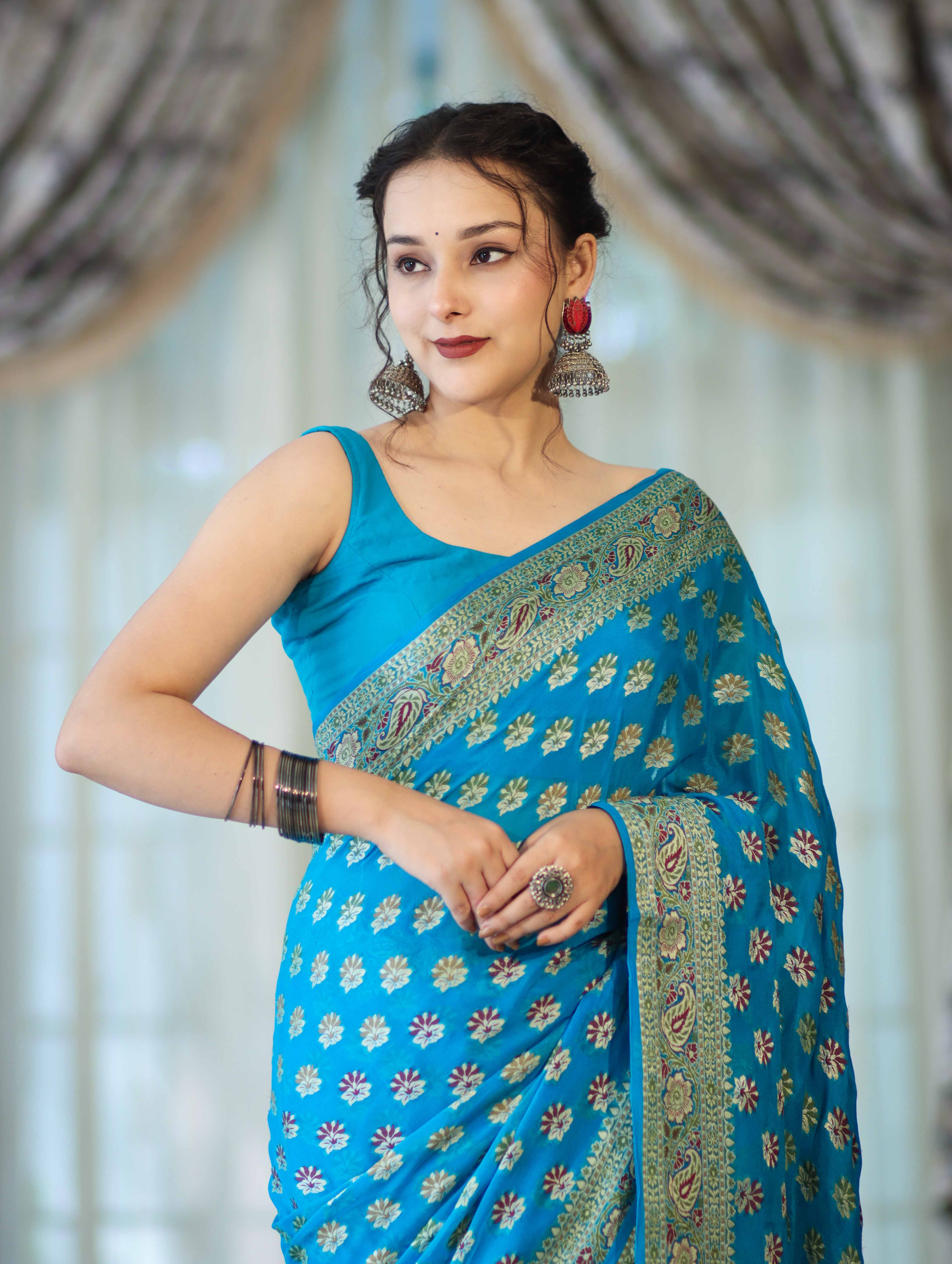 Banarasee Handloom Pure Chiffon Saree With Resham Work-Sky Blue
