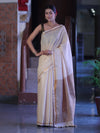 Bhagalpur Handloom Pure Linen Saree With Zari Stripe Design-Cream