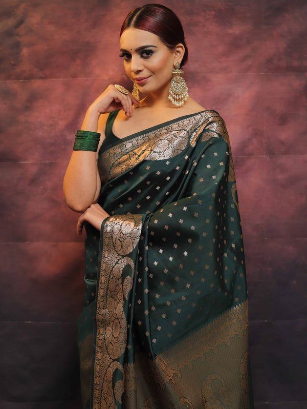 Banarasee Handwoven Semi Silk Saree With Zari Work-Deep Green