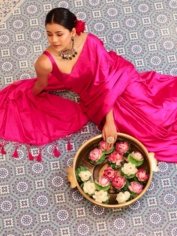 Banarasee Handloom Plain Mashru Silk Saree-Fuschia Pink