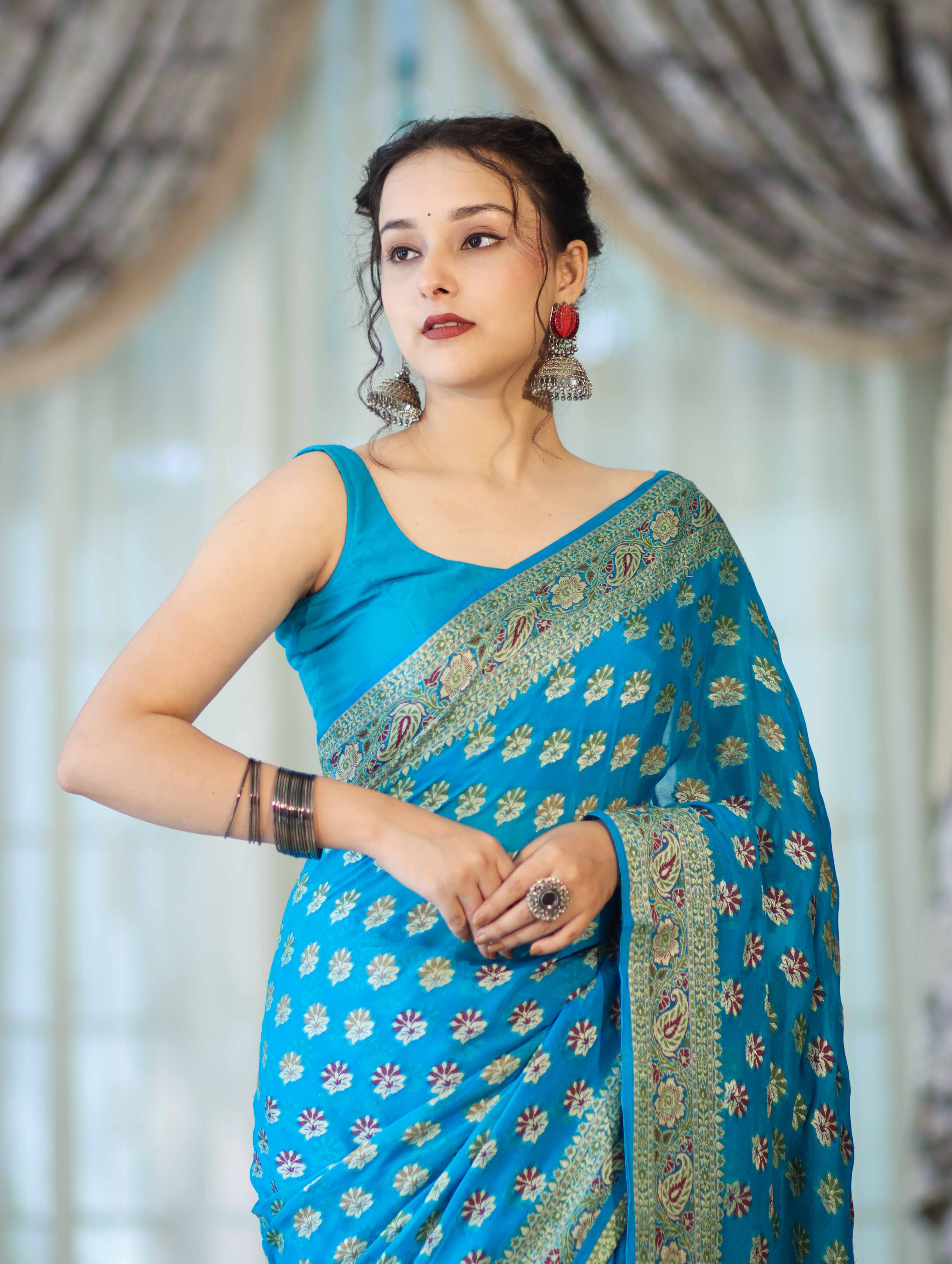 Banarasee Handloom Pure Chiffon Saree With Resham Work-Sky Blue