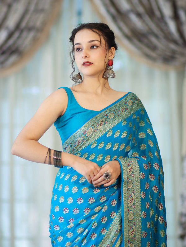 Banarasee Handloom Pure Chiffon Saree With Resham Work-Sky Blue