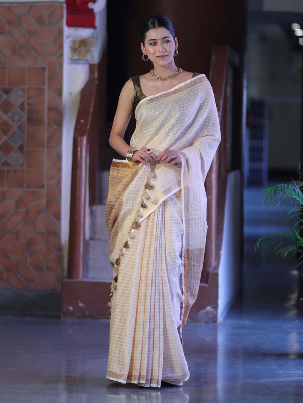 Bhagalpur Handloom Pure Linen Saree With Zari Stripe Design-Cream