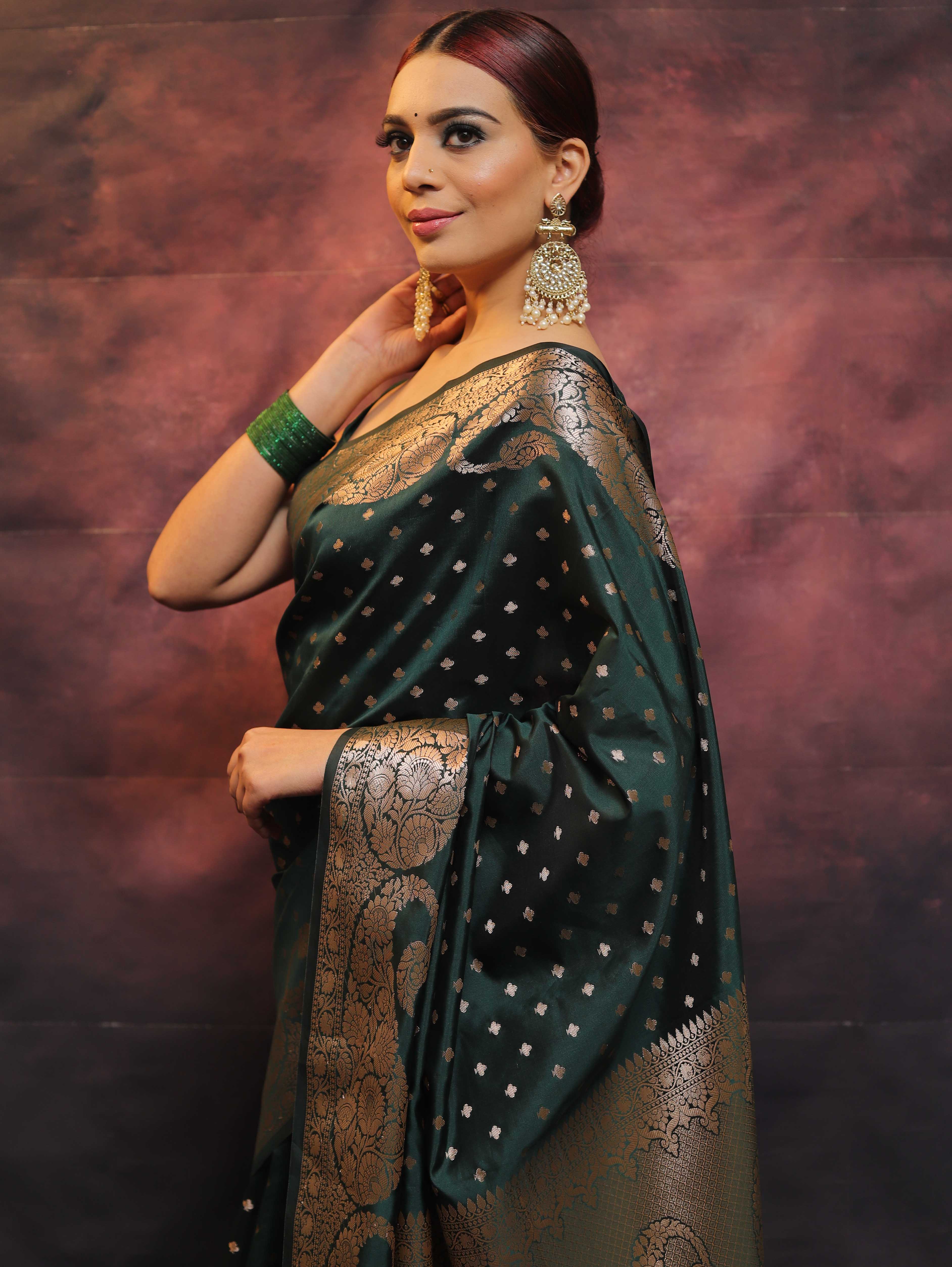 Banarasee Handwoven Semi Silk Saree With Zari Work-Deep Green