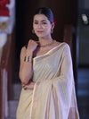 Bhagalpur Handloom Pure Linen Saree With Zari Stripe Design-Cream