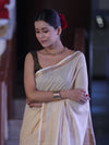 Bhagalpur Handloom Pure Linen Saree With Zari Stripe Design-Cream