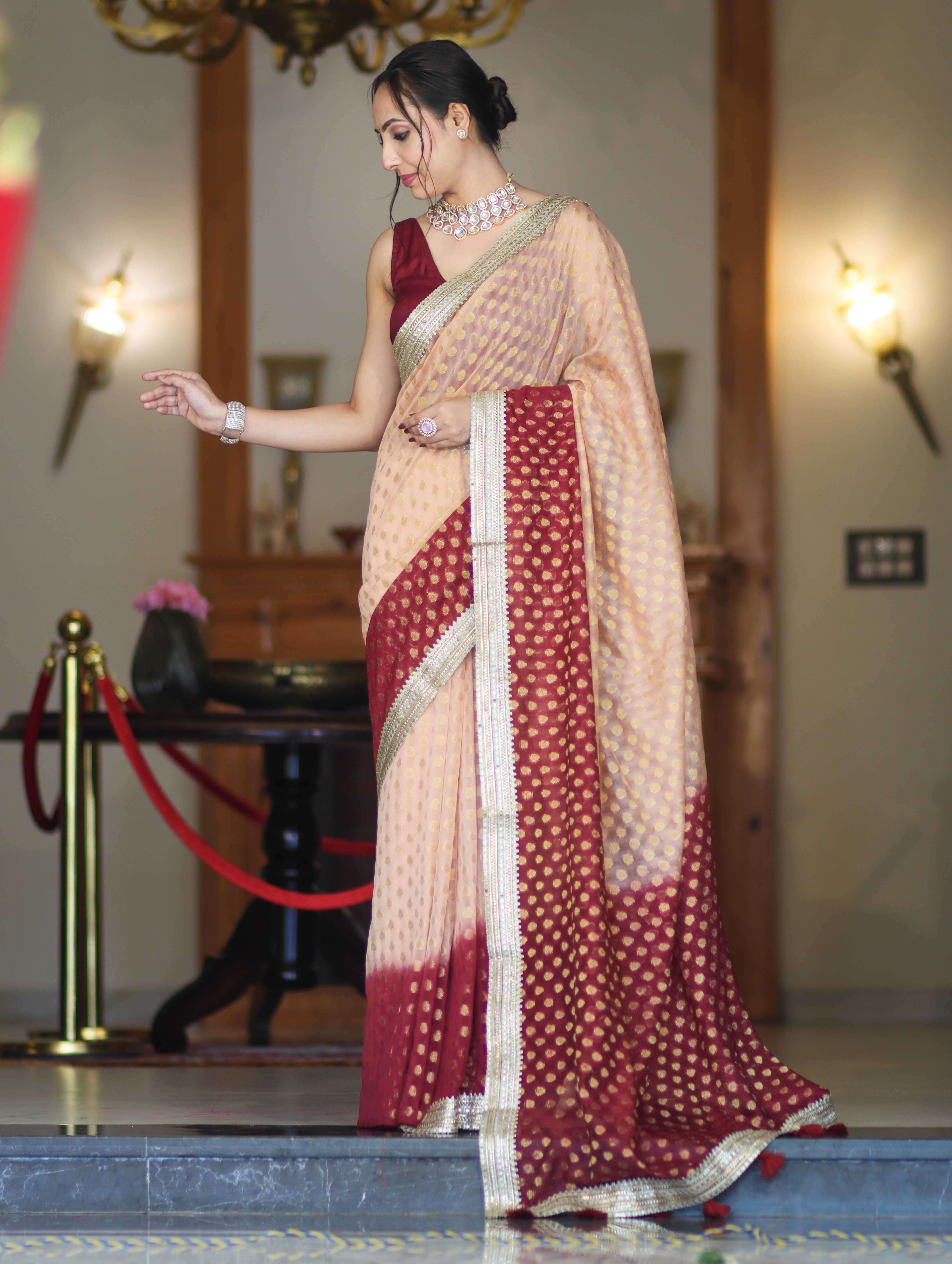 Banarasee Handwoven Dual Color Semi-Chiffon Saree With Zari Work & Lace Border-Peach & Burgundy