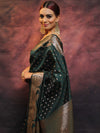 Banarasee Handwoven Semi Silk Saree With Zari Work-Deep Green