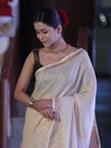 Bhagalpur Handloom Pure Linen Saree With Zari Stripe Design-Cream