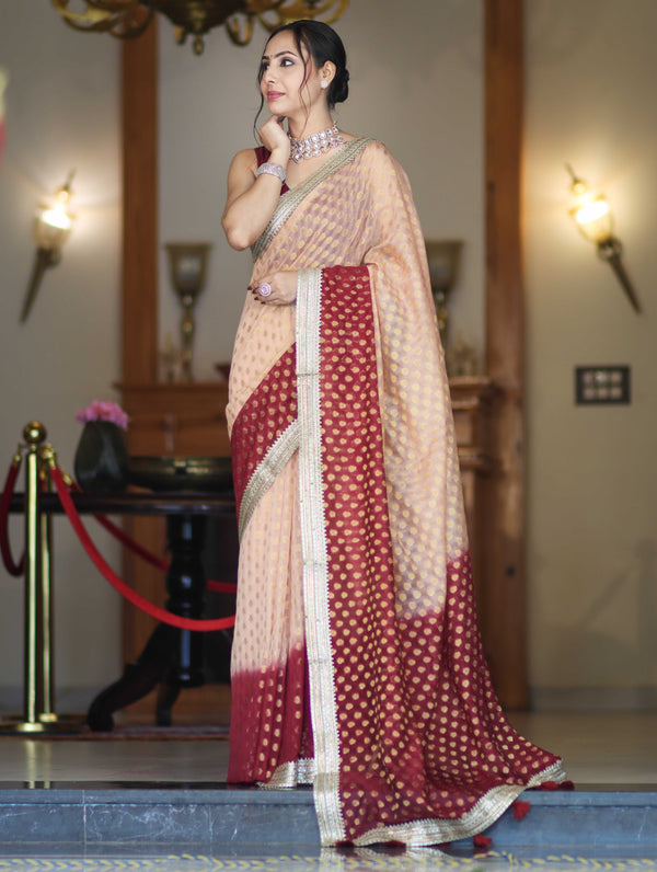 Banarasee Handwoven Dual Color Semi-Chiffon Saree With Zari Work & Lace Border-Peach & Burgundy