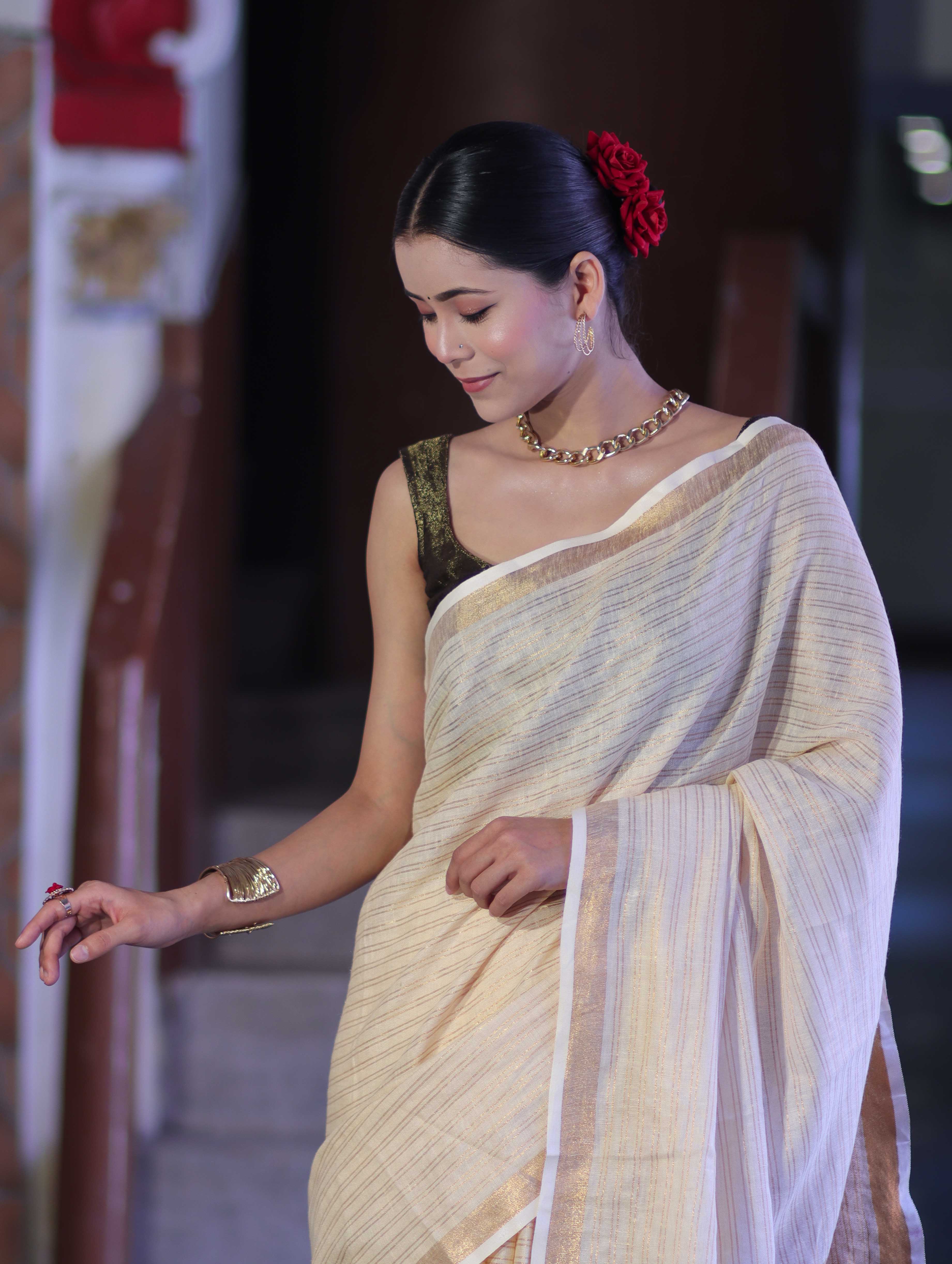 Bhagalpur Handloom Pure Linen Saree With Zari Stripe Design-Cream