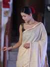 Bhagalpur Handloom Pure Linen Saree With Zari Stripe Design-Cream