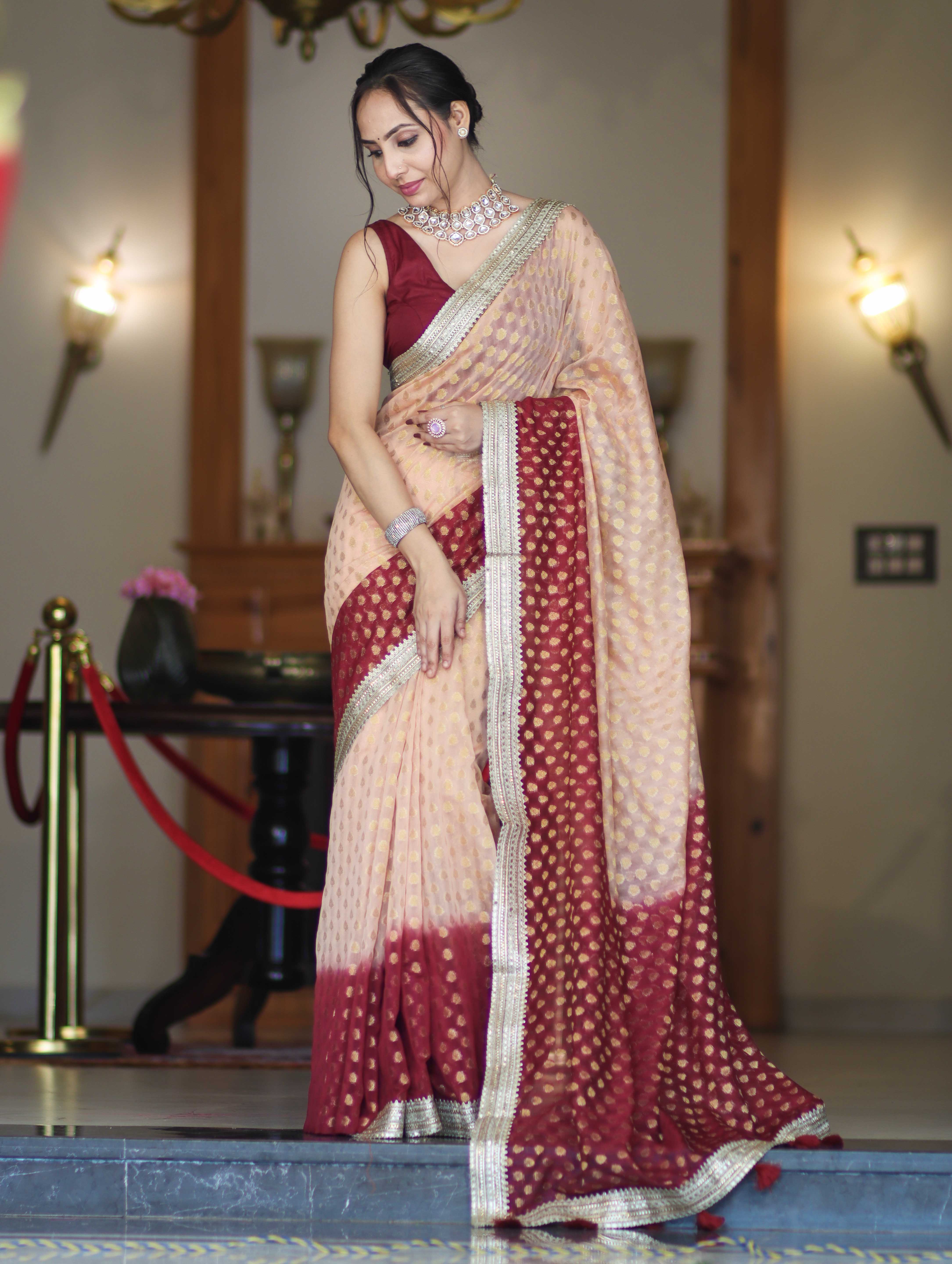 Banarasee Handwoven Dual Color Semi-Chiffon Saree With Zari Work & Lace Border-Peach & Burgundy