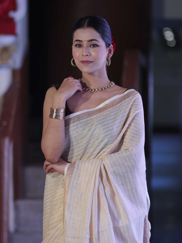 Bhagalpur Handloom Pure Linen Saree With Zari Stripe Design-Cream