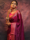 Banarasee Handwoven Semi Silk Plain Saree With Zari Contrast Border-Magenta & Pink