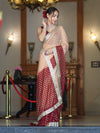 Banarasee Handwoven Dual Color Semi-Chiffon Saree With Zari Work & Lace Border-Peach & Burgundy