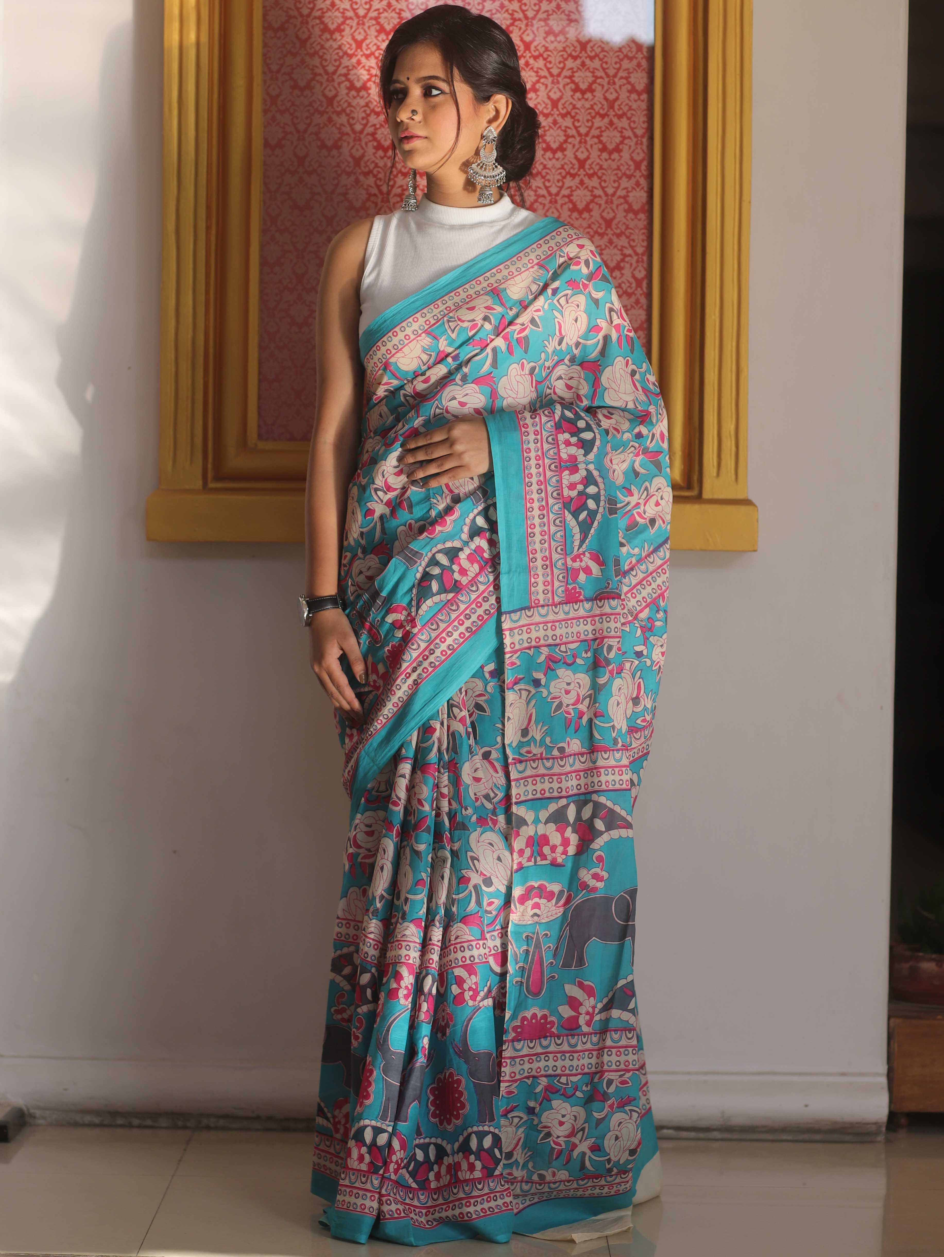 Handloom Mul Cotton Hand-Block Print Saree-Blue