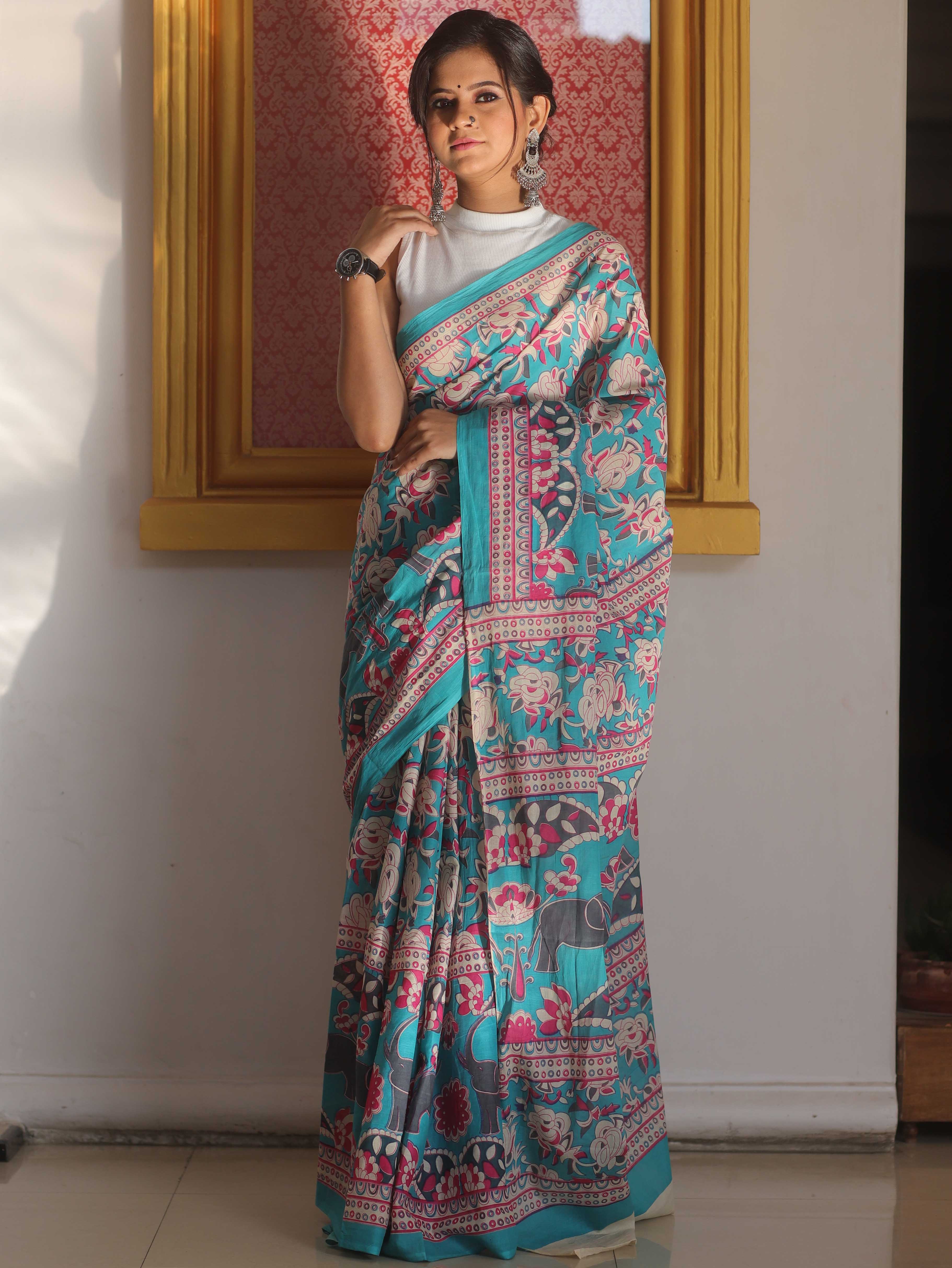Handloom Mul Cotton Hand-Block Print Saree-Blue