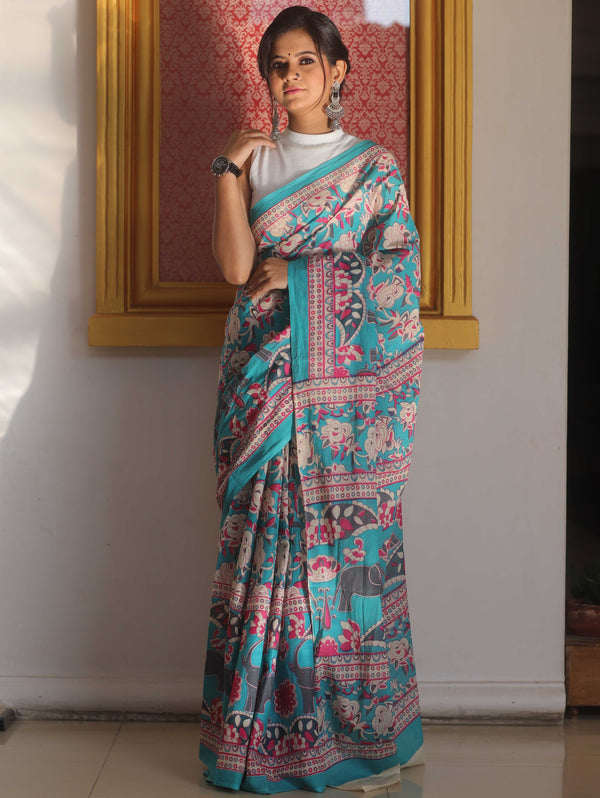 Handloom Mul Cotton Hand-Block Print Saree-Blue