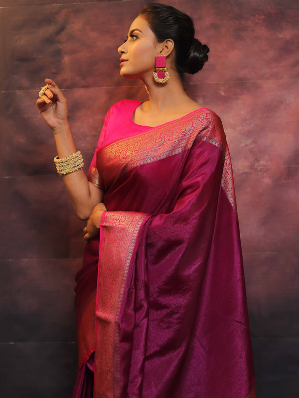 Banarasee Handwoven Semi Silk Plain Saree With Zari Contrast Border-Magenta & Pink