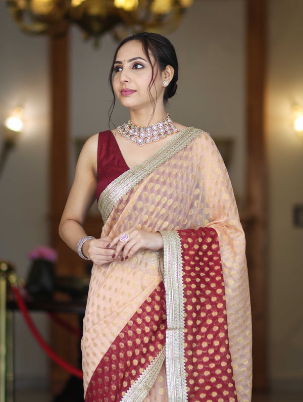 Banarasee Handwoven Dual Color Semi-Chiffon Saree With Zari Work & Lace Border-Peach & Burgundy