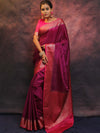 Banarasee Handwoven Semi Silk Plain Saree With Zari Contrast Border-Magenta & Pink