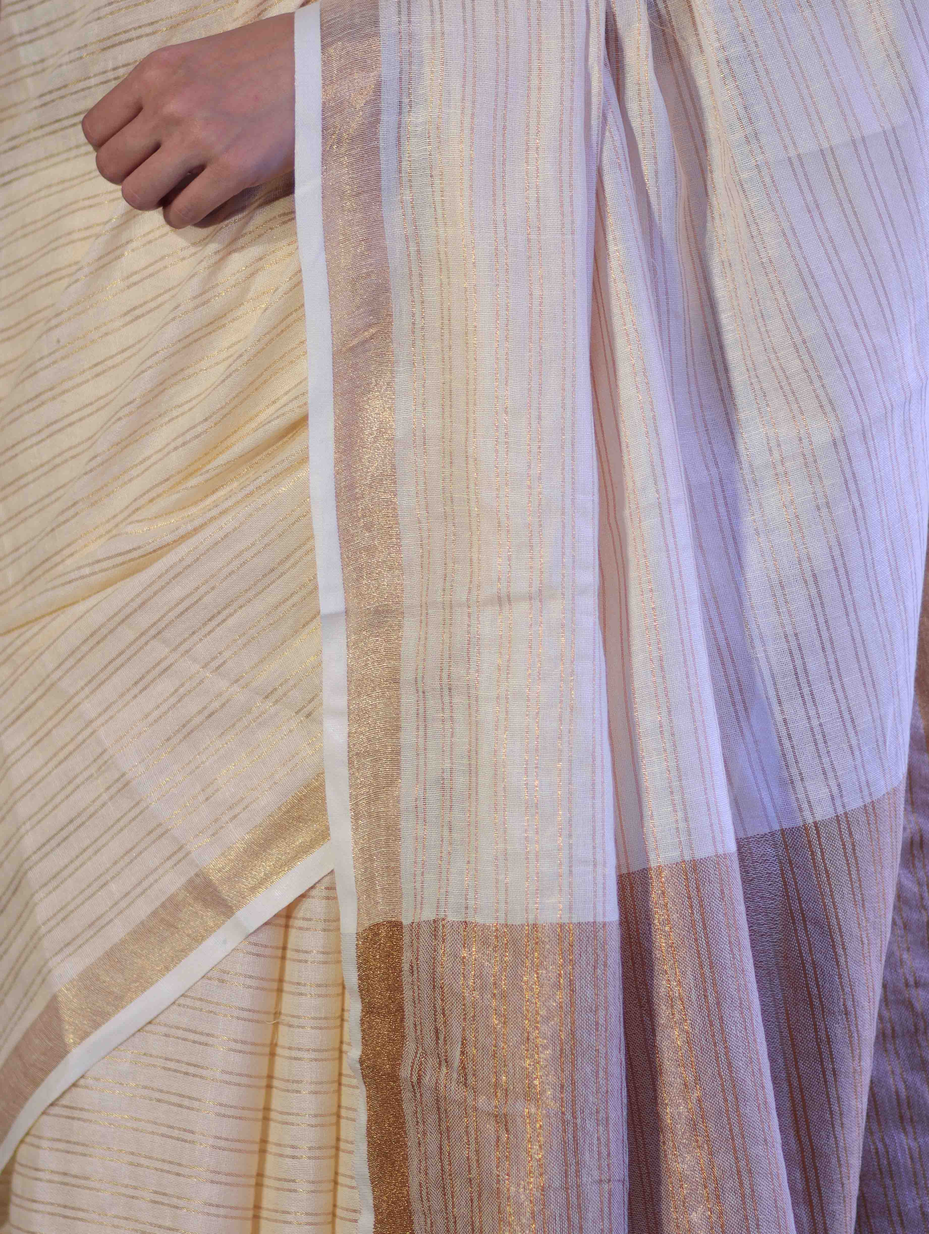 Bhagalpur Handloom Pure Linen Saree With Zari Stripe Design-Cream
