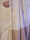 Bhagalpur Handloom Pure Linen Saree With Zari Stripe Design-Cream