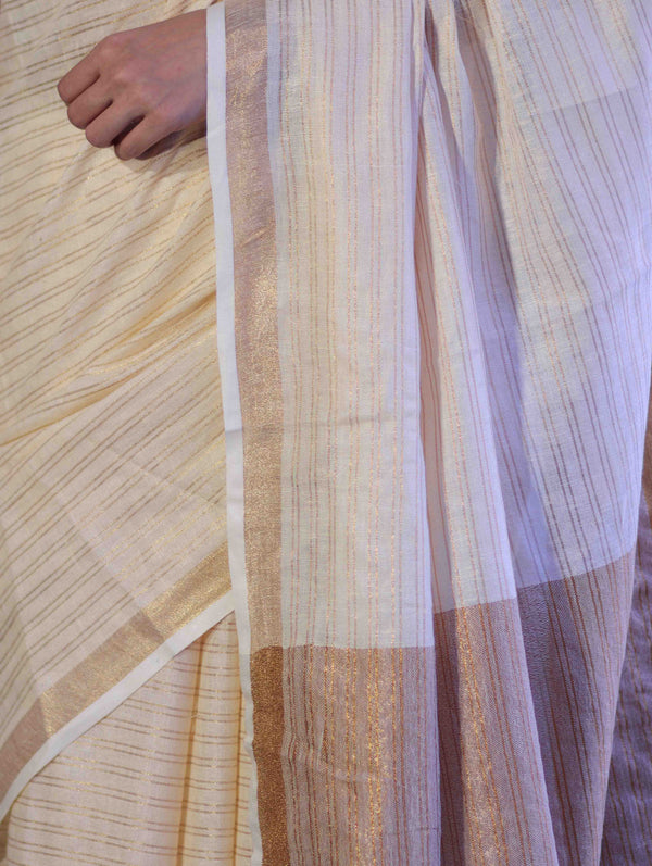 Bhagalpur Handloom Pure Linen Saree With Zari Stripe Design-Cream