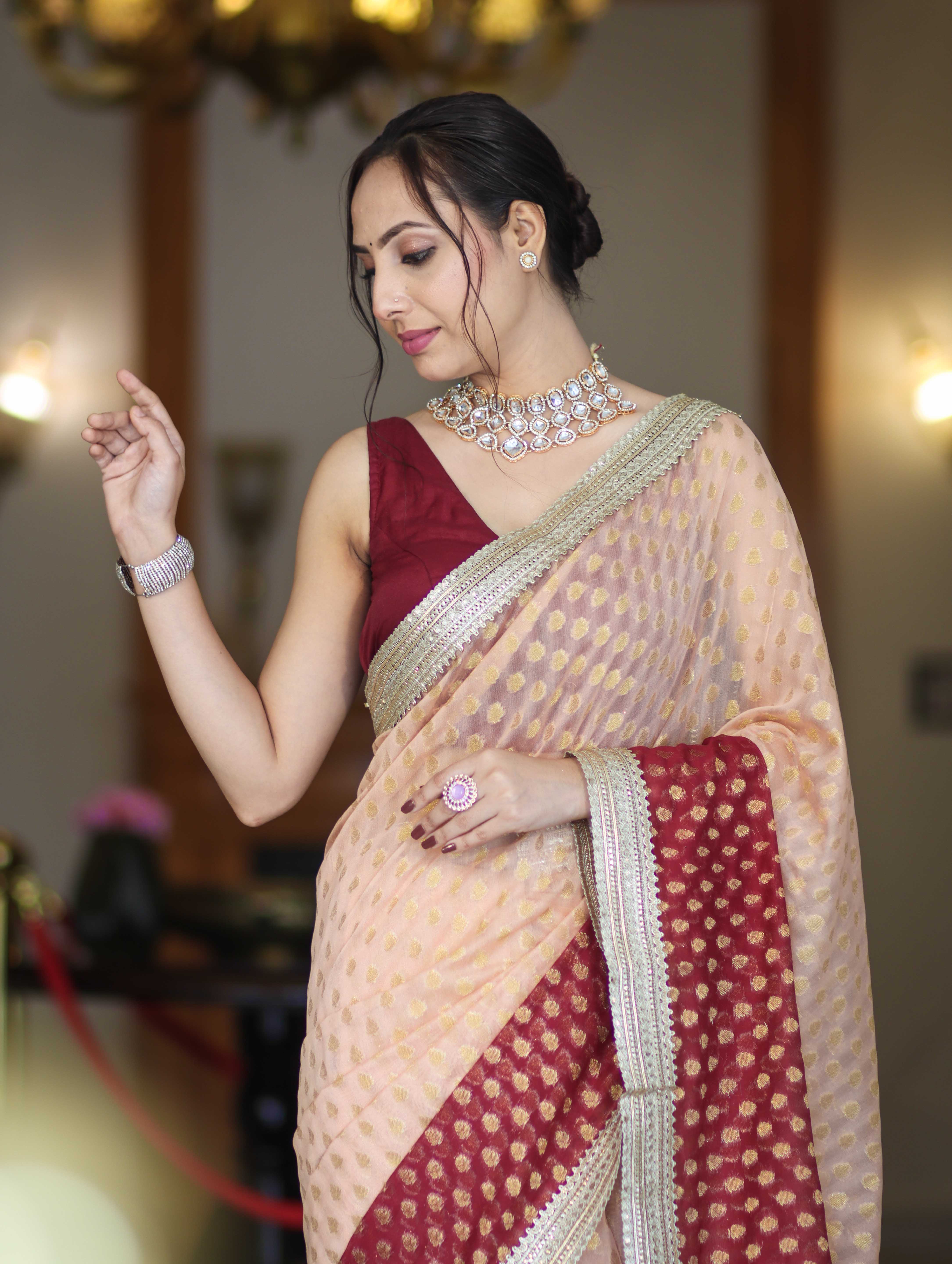 Banarasee Handwoven Dual Color Semi-Chiffon Saree With Zari Work & Lace Border-Peach & Burgundy