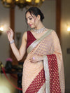Banarasee Handwoven Dual Color Semi-Chiffon Saree With Zari Work & Lace Border-Peach & Burgundy