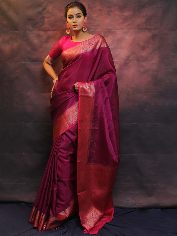 Banarasee Handwoven Semi Silk Plain Saree With Zari Contrast Border-Magenta & Pink