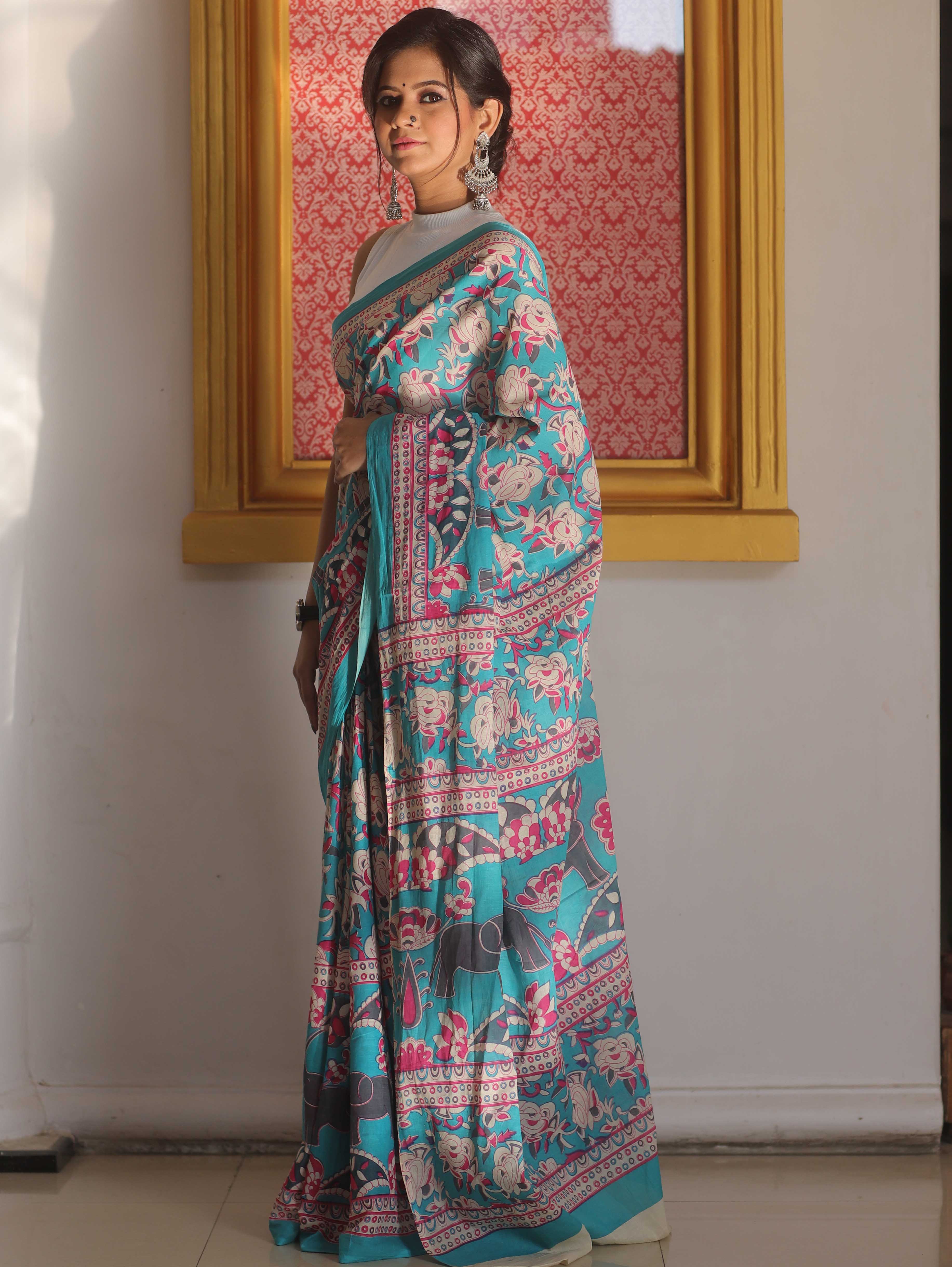 Handloom Mul Cotton Hand-Block Print Saree-Blue