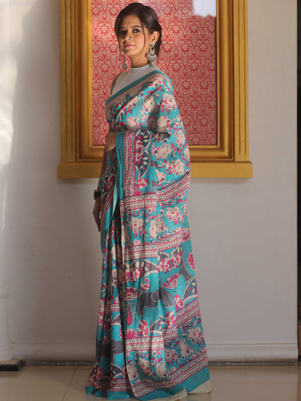 Handloom Mul Cotton Hand-Block Print Saree-Blue