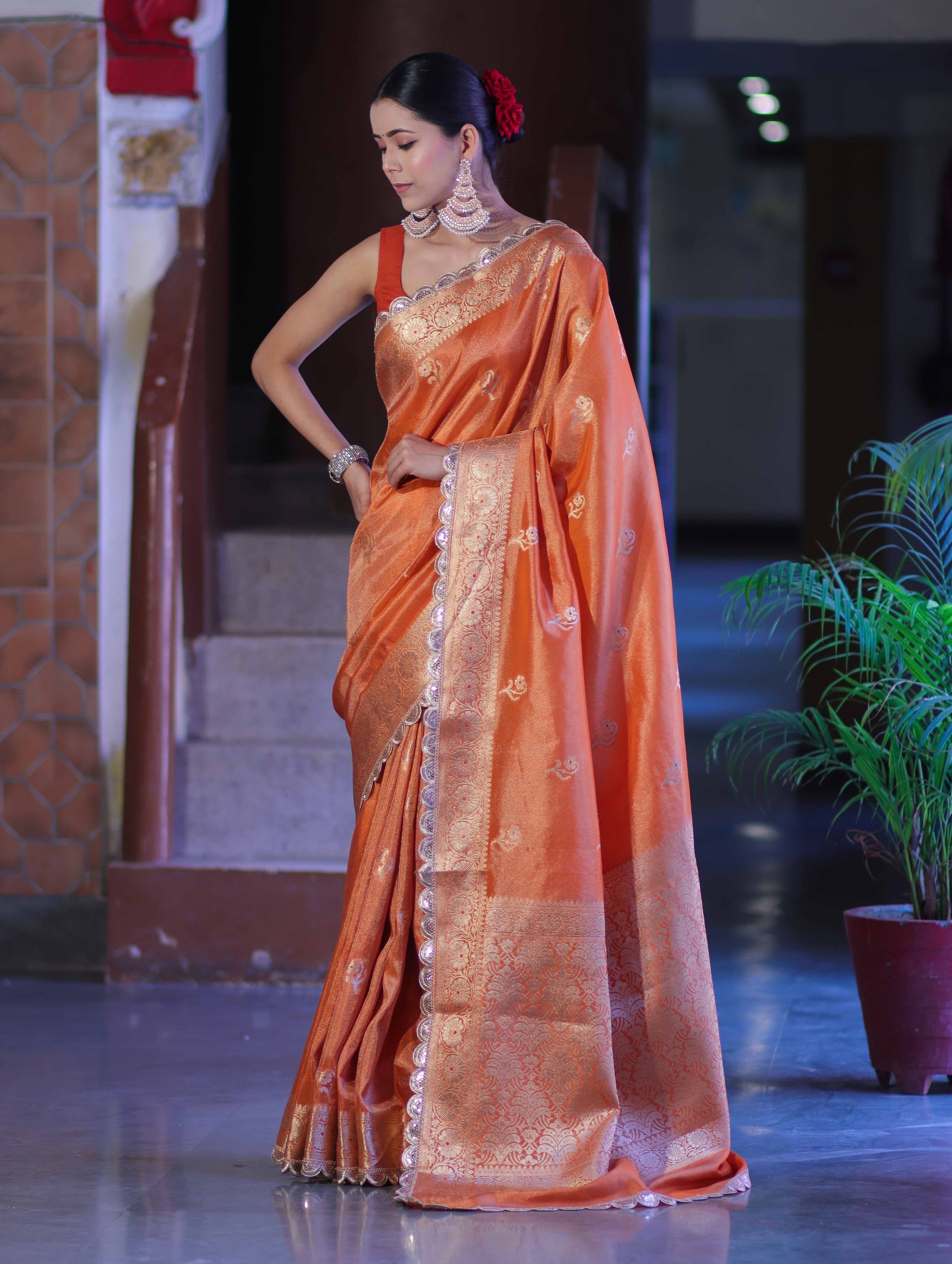 Banarasee Handloom Tissue Saree With Zari Buta Design Border & Lace-Rust